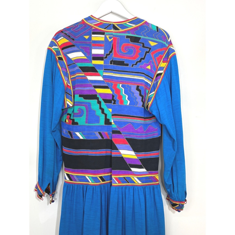Studio Leonard Paris Vintage Blue Geometric Abstract Print Drop Waist Dress - Picture 4 of 16